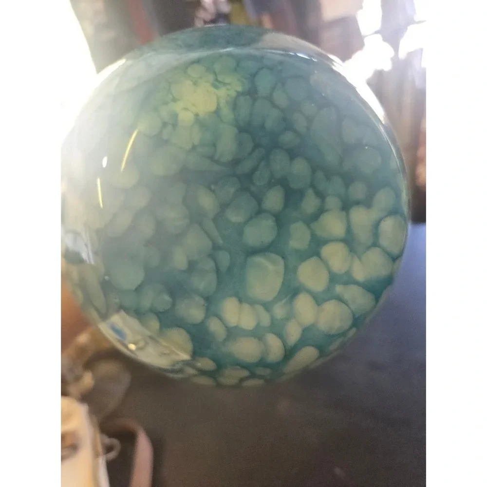 Art Glass Vase Ovoid Hand Blown Amber Blue White Bubble Speckle 8 Inch